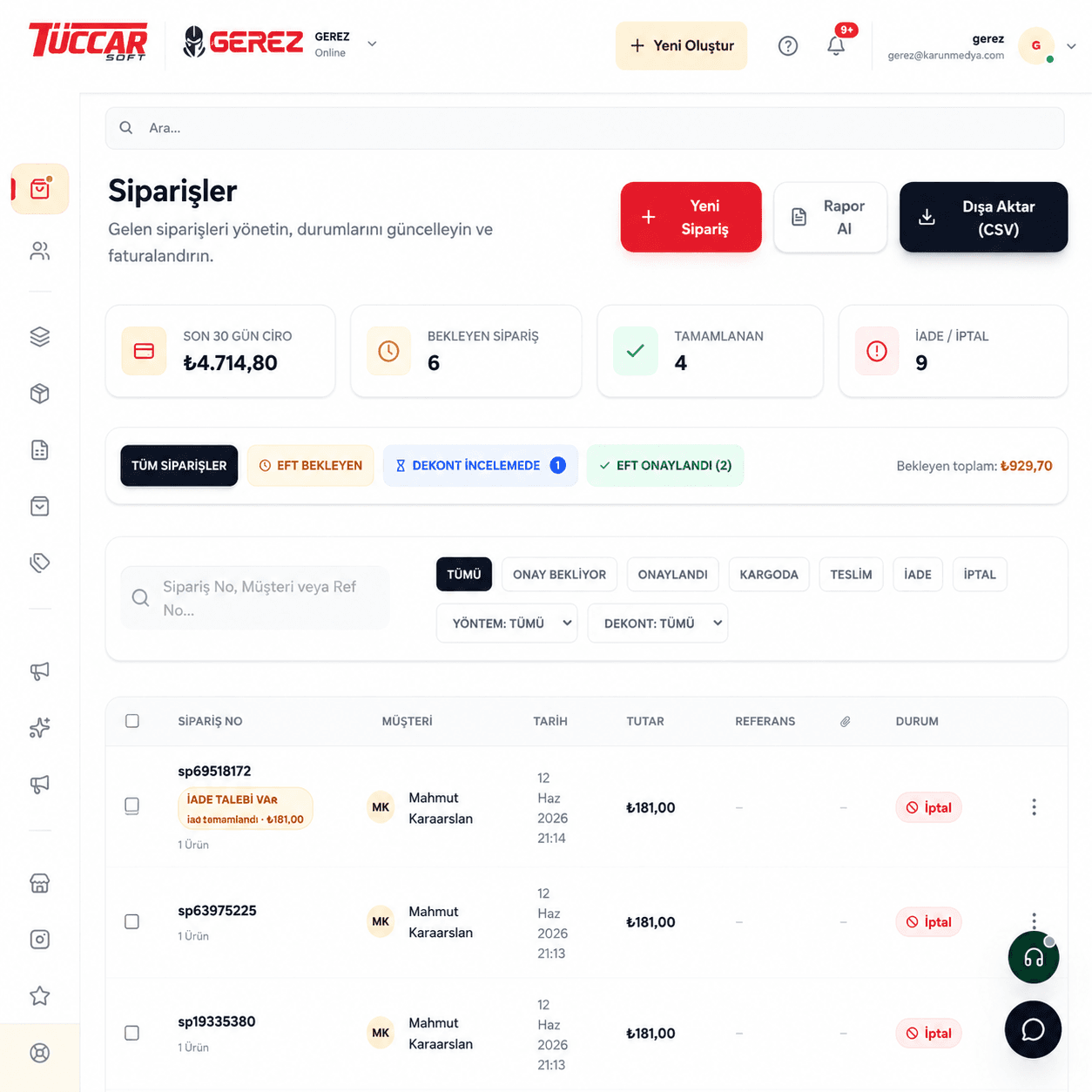 TüccarSoft CRM teklif ve fırsat takip ekranı