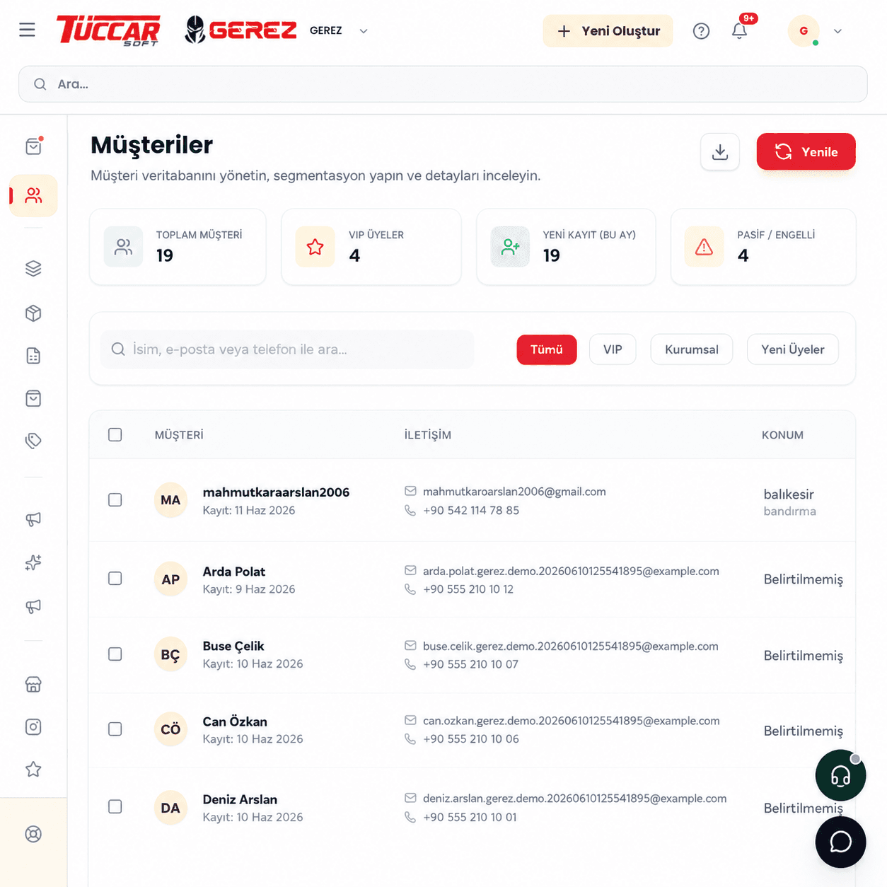 TüccarSoft CRM müşteri kayıt paneli önizlemesi